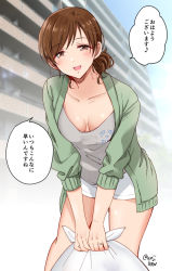 Rule 34 | 1girl, :d, alternate hair length, alternate hairstyle, blue sky, blush, breasts, brown eyes, brown hair, building, cleavage, collarbone, gen (enji), green sweater, grey shirt, idolmaster, idolmaster cinderella girls, jewelry, leaning forward, looking at viewer, medium breasts, medium hair, nitta minami, open mouth, outdoors, ring, shirt, shorts, sky, smile, solo, speech bubble, sweater, translation request, trash bag, wedding band, white shorts