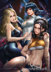 Rule 34 | 3girls, ass, bare shoulders, belt, black hair, blonde hair, blue eyes, breasts, brown eyes, capcom, cigarette, commentary, denim, devil may cry (series), devil may cry 5, glasses, heterochromia, jeans, lady (devil may cry), lips, long hair, looking at viewer, medium breasts, multiple girls, navel, neoartcore, nico (devil may cry), no bra, pants, pubic tattoo, red-framed eyewear, red eyes, short hair, short shorts, shorts, smile, tattoo, thighs, toned, trish (devil may cry)