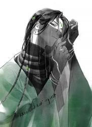 1boy artist_name black_gloves black_hair black_veil bracelet braid chinese_clothes commentary earrings english_commentary erha_he_tadebai_mao_shizun gloves green_hanfu grey_eyes hanfu hua_binan jewelry kkcoocool long_hair long_sleeves looking_at_viewer male_focus mouth_veil multiple_braids parted_lips ring silver_bracelet snake_earrings solo veil white_background wide_sleeves