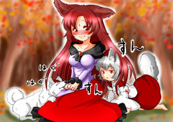 Rule 34 | 2girls, :&lt;, animal ears, barefoot, blush, breasts, brooch, brown hair, collarbone, detached sleeves, dress, flower, hat, highres, imaizumi kagerou, inubashiri momiji, inubashiri momiji (wolf), jewelry, long hair, looking at another, multiple girls, nature, pom pom (clothes), red eyes, short hair, silver hair, sitting, sweat, tail, tikano, tokin hat, touhou, translation request, tree, v arms, wolf ears, wolf tail