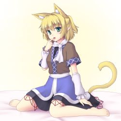 Rule 34 | 1girl, animal ears, arm warmers, bad id, barefoot, blonde hair, cat ears, cat girl, cat tail, extra ears, feet, female focus, finger to mouth, green eyes, half updo, isaki (gomi), kemonomimi mode, looking at viewer, mizuhashi parsee, open mouth, pointy ears, sash, scarf, shirt, short hair, short sleeves, sitting, skirt, solo, tail, touhou, wariza