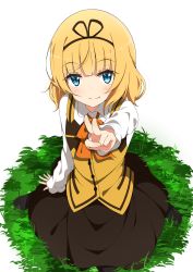 Rule 34 | 1girl, absurdres, alternate costume, black footwear, black hairband, black pantyhose, black skirt, blonde hair, blue eyes, blunt bangs, blush, bow, bowtie, breasts, buttons, closed mouth, collared shirt, commentary request, from above, full body, gochuumon wa usagi desu ka?, grass, hairband, highres, kirima syaro, loafers, long sleeves, looking at viewer, mottsun (i 40y), orange bow, orange bowtie, outstretched arm, pantyhose, rabbit house uniform, seiza, shirt, shoes, short hair, sitting, skirt, small breasts, smile, solo, uniform, v, vest, wavy hair, white background, white shirt, wing collar, yellow vest