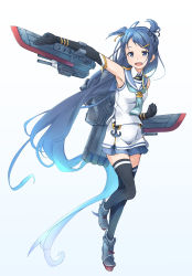 Rule 34 | 1girl, aqua neckerchief, bare shoulders, blue gloves, blue thighhighs, clenched hand, commentary request, elbow gloves, gloves, gradient hair, hair between eyes, hair flaps, hair ornament, hair ribbon, hairclip, highres, kantai collection, knee up, long hair, looking at viewer, minosu, multicolored hair, neckerchief, open mouth, original remodel (kantai collection), outstretched arm, ribbon, rigging, sailor collar, samidare (kancolle), school uniform, serafuku, shirt, simple background, skirt, sleeveless, sleeveless shirt, solo, swept bangs, thighhighs, two side up, very long hair, white background, white serafuku, white skirt, zettai ryouiki