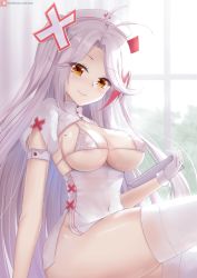 Rule 34 | 1girl, antenna hair, artist name, azur lane, backlighting, bikini, breasts, cleavage, clipboard, closed mouth, covered erect nipples, cross hair ornament, day, framed breasts, gloves, hair ornament, hat, high-waist skirt, highres, holding, holding clipboard, joko jmc, large breasts, long hair, looking at viewer, micro bikini, miniskirt, mole, mole on breast, multicolored hair, no panties, nurse, nurse cap, orange eyes, pink lips, prinz eugen (azur lane), red hair, short sleeves, shrug (clothing), silver hair, sitting, skirt, smile, solo, straight hair, streaked hair, swept bangs, swimsuit, thighhighs, thighs, two-tone hair, two side up, underboob, very long hair, watermark, web address, white bikini, white gloves, white skirt, white thighhighs