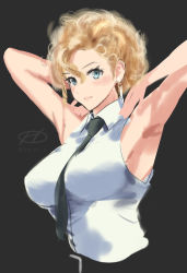 Rule 34 | 1girl, alternate hair length, alternate hairstyle, arms up, artist logo, black hair, black necktie, blonde hair, breasts, dress shirt, green eyes, haruto (harut n), hornet (kancolle), kantai collection, large breasts, looking at viewer, necktie, one-hour drawing challenge, shirt, short hair, simple background, sleeveless, sleeveless shirt, solo, upper body, white shirt