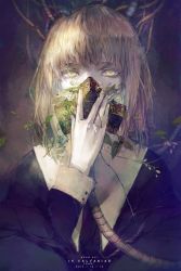 Rule 34 | 1girl, adjusting mask, artist name, black background, blonde hair, dated, eyelashes, fabri, habit, hand up, moss, original, pale skin, pants, plant, rebreather, solo, tube, upper body, wire, yellow eyes