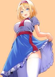 Rule 34 | 1girl, :d, alice margatroid, blonde hair, blue eyes, blue skirt, blush, breasts, clothes lift, commentary request, cowboy shot, eyelashes, foreshortening, frilled hairband, frilled skirt, frills, from below, hair between eyes, hairband, high-waist skirt, highres, kyanta5354, large breasts, looking at viewer, looking down, open mouth, orange background, puffy short sleeves, puffy sleeves, red hairband, shirt, short hair, short sleeves, simple background, skirt, skirt lift, smile, solo, teeth, thighhighs, thighs, touhou, upper teeth only, white shirt, white thighhighs