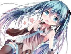 Rule 34 | 1girl, aqua eyes, aqua hair, backlighting, bad id, bad pixiv id, bare shoulders, black thighhighs, detached sleeves, hair ornament, hatsune miku, headset, long hair, looking at viewer, necktie, open mouth, opopowa, shirt, skirt, solo, tattoo, thighhighs, twintails, very long hair, vocaloid, zettai ryouiki