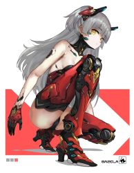 Rule 34 | 1girl, absurdres, akefumi, cyborg, expressionless, grey hair, headgear, highres, long hair, looking at viewer, mecha musume, mechanical arms, mechanical legs, mechanical parts, original, simple background, solo, squatting, two side up, yellow eyes