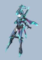 Rule 34 | 1girl, armor, blue background, blue hair, colored skin, fantasy, full body, glaive (polearm), helmet, high heels, highres, holding, holding polearm, holding weapon, joints, looking at viewer, me ganchyo, mechanical wings, mixed-language commentary, original, polearm, red eyes, robot girl, robot joints, short hair, smile, solo, valkyrie, weapon, white skin, wings