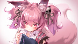 Rule 34 | 1girl, :&lt;, animal ear fluff, animal ears, arknights, blurry, blurry background, blush, closed mouth, collarbone, collared shirt, commentary request, depth of field, hair between eyes, hand up, hellnyaa, highres, holding, holding needle, looking at viewer, needle, pink hair, red eyes, ribbon trim, sewing, sewing needle, shamare (arknights), shirt, solo, sparkle, tail, torn clothes, torn shirt, twintails, upper body, white shirt