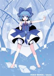 Rule 34 | &gt;:), 1girl, :d, ahoge, barefoot, bloomers, blue eyes, blue hair, bow, cirno, clenched hand, feet, hair bow, ideolo, jpeg artifacts, matching hair/eyes, open mouth, outstretched arm, short hair, smile, solo, touhou, underwear, v-shaped eyebrows, wings, yousei daisensou