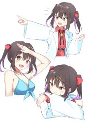 Rule 34 | 1girl, :d, arm up, bare arms, bare shoulders, belt, bikini, bikini top only, black hair, blue bikini, bolo tie, brown eyes, collarbone, commentary, cropped torso, hair between eyes, hair ornament, hair ribbon, hairclip, highres, keito4f, lab coat, long sleeves, looking at viewer, looking away, medium hair, multicolored hair, multiple views, onii-chan wa oshimai!, open mouth, oyama mihari, pointing, purple hair, red ribbon, red shirt, ribbon, salute, shirt, simple background, smile, swimsuit, twintails, two-tone hair, white background, wing collar