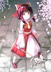 Rule 34 | 1girl, ascot, bow, brown hair, cherry blossoms, commentary request, detached sleeves, falling petals, frilled bow, frilled hair tubes, frills, gohei, hair bow, hair tubes, hakurei reimu, highres, holding, holding gohei, long hair, nodoguro (phi-tan), open mouth, pavement, petals, pink petals, red bow, red footwear, red skirt, ribbon-trimmed sleeves, ribbon trim, skirt, skirt set, solo, touhou, yellow ascot