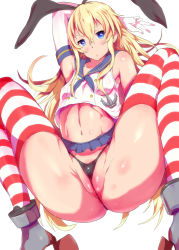Rule 34 | 10s, 1girl, :o, anchor hair ornament, ass, black panties, blonde hair, breasts, covered erect nipples, crop top, elbow gloves, gloves, hair between eyes, hair ornament, hairband, highleg, highleg panties, highres, kantai collection, long hair, looking at viewer, microskirt, mozu-k, navel, panties, pussy, sailor collar, shimakaze (kancolle), skirt, small breasts, solo, squatting, striped clothes, striped thighhighs, thighhighs, underwear, very long hair, white gloves