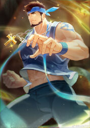 Rule 34 | 1boy, abs, aerokinesis, arm tattoo, bara, bare arms, beard, black hair, blue headband, blue shirt, brucie (infighter821), bulge, chain, chain necklace, commission, cross, cross necklace, dungeon and fighter, facial hair, feet out of frame, fighting stance, headband, highres, jewelry, large hands, large pectorals, looking away, male focus, male priest (dungeon and fighter), mature male, midriff peek, muscular, muscular male, my eight, navel, necklace, nipples, pants, pectorals, second-party source, shirt, short hair, sideburns, sleeveless, sleeveless shirt, smile, solo, sparkle, stomach, tattoo, thick thighs, thighs, wind