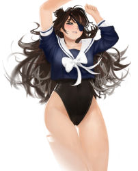 Rule 34 | 1girl, arms up, azelweien, black leotard, blouse, blue shirt, blush, bow, brown eyes, brown hair, cameltoe, collarbone, commentary, covered navel, double bun, english commentary, eyepatch, hair bun, highres, legs, leotard, leotard under clothes, long hair, long sleeves, messy hair, original, parted lips, sailor collar, shirt, solo, thighs, white bow