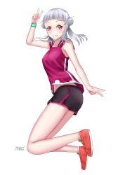 Rule 34 | 1girl, absurdres, aqua wristband, arashi chisato, artist name, artist request, bare legs, black shorts, black tank top, blue wristband, blush, breasts, collarbone, cross-laced footwear, double bun, double v, female focus, floating hair, full body, hair bun, hair tie, highres, jumping, long hair, looking at viewer, love live!, love live! school idol festival, love live! superstar!!, medium breasts, nail, nail polish, orange footwear, parted lips, pink nails, pink nails, red eyes, red shirt, shirt, shoes, short shorts, short sleeves, shorts, smile, sneakers, solo, tank top, teeth, twintails, undershirt, v, wavy hair, white background, white hair