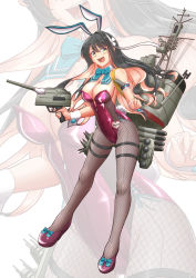 Rule 34 | 1girl, adapted costume, adapted turret, aqua bow, aqua bowtie, black hair, bow, bowtie, breasts, cannon, fishnet pantyhose, fishnets, hairband, high heels, kantai collection, large breasts, leotard, long hair, moke ro, multicolored hair, naganami (kancolle), pantyhose, pink hair, playboy bunny, purple footwear, purple leotard, rigging, smokestack, solo, strapless, strapless leotard, thigh strap, torpedo launcher, two-tone hair, wavy hair, white hairband, wrist cuffs, zoom layer