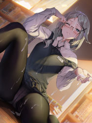 Rule 34 | 1girl, black pantyhose, blue eyes, blush, book, breasts, closed mouth, commentary request, cum, cum on body, cum on clothes, facial, glasses, grey eyes, grey hair, hair ornament, highres, indoors, large breasts, library, long sleeves, looking at viewer, one eye closed, original, panties, panties under pantyhose, pantyhose, red-framed eyewear, sage joh, semi-rimless eyewear, shirt, short hair, sitting, solo, thighs, under-rim eyewear, underwear, white panties, white shirt, x hair ornament