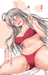 Rule 34 | 1girl, alternate costume, bikini, breasts, closed eyes, collarbone, cup, drinking glass, drunk, grey hair, hat, highres, holding, holding cup, kantai collection, large breasts, long hair, mini hat, mizunoe kotaru, navel, pola (kancolle), red bikini, sitting, solo, squeans, swimsuit, tilted headwear, translated, wavy hair