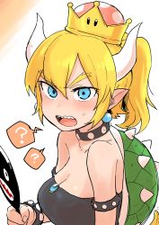 Rule 34 | 1girl, ?, absurdres, black dress, blonde hair, blue eyes, blush, bowsette, bracelet, breasts, cleavage, collar, crown, dress, earrings, embarrassed, hair between eyes, hand fan, highres, holding, horns, jewelry, large breasts, looking at viewer, mario (series), mirror, nintendo, open mouth, pointy ears, ponytail, sharp teeth, shiromanta, solo, spiked bracelet, spikes, spoken question mark, super crown, sweatdrop, teeth, thick eyebrows, upper body