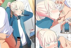 Rule 34 | 2boys, androgynous, before and after, blonde hair, blush, classroom, fellatio, highres, multiple boys, oral, penis, shisonoha, translation request, trap, yaoi