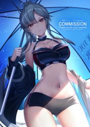 Rule 34 | 1girl, bare shoulders, black shorts, borrowed character, breasts, cleavage, closed mouth, commentary request, commission, cowboy shot, from below, halterneck, highres, holding, holding umbrella, jacket, long hair, long sleeves, looking at viewer, medium breasts, navel, niwatori (satoru0201), off shoulder, open clothes, open jacket, original, ponytail, race queen, red eyes, short shorts, shorts, sidelocks, skeb commission, sky, solo, star (sky), starry sky, stomach, swept bangs, thank you, thighs, umbrella