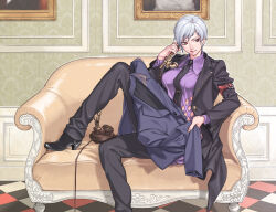 Rule 34 | 1girl, antique phone, black footwear, black necktie, black pants, breasts, brown eyes, checkered floor, collared shirt, corded phone, couch, grey hair, holding, holding phone, indoors, ito fumi, jacket, large breasts, light smile, long sleeves, looking to the side, necktie, on couch, pants, parted bangs, phone, picture frame, purple shirt, shirt, short bangs, short hair, sitting, solo, strap, umineko no naku koro ni, unworn jacket, ushiromiya kyrie, very short hair