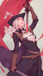 Rule 34 | 1girl, ascot, belt, blood, blood stain, bloodborne, brown belt, brown gloves, cape, double-blade, dual wielding, gloves, grey eyes, hat, hat feather, highres, holding, holding sword, holding weapon, jiro (ninetysix), lady maria of the astral clocktower, parted lips, ponytail, rakuyo (bloodborne), sidelocks, silver hair, solo, stab, sword, the old hunters, tricorne, weapon