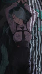 Rule 34 | 1girl, arms up, asymmetrical bangs, black bra, black necktie, black pants, blue archive, bound, bound wrists, bra, bra visible through clothes, chest harness, coat, crack of light, cuffs, eyewear on head, green hair, hair over one eye, handcuffs, harness, high-waist pants, highres, light smile, looking at viewer, mina (blue archive), necktie, nev (nevblindarts), one eye covered, pants, prison, shirt, solo, striped, striped coat, sunglasses, thigh strap, underwear, wet, wet clothes, wet hair, wet shirt, white shirt