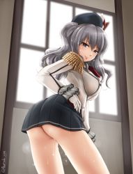 Rule 34 | 10s, 1girl, akatsuki akane, ass, breasts, buttons, epaulettes, female focus, from behind, grey eyes, grey hair, jacket, kantai collection, kashima (kancolle), large breasts, light smile, looking at viewer, looking back, miniskirt, no panties, pleated skirt, sidelocks, skirt, solo, sweat, tsurime, twintails, wavy hair