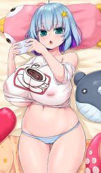 Rule 34 | 1girl, absurdres, blue eyes, blue hair, blush, breasts, cameltoe, chiroshiron, food print, hair ornament, highres, huge breasts, no pants, open mouth, oppai loli, original, panties, shirt overhang, shirt slip, short hair, solo, star (symbol), star hair ornament, striped clothes, striped panties, underwear