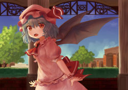 Rule 34 | 1girl, absurdres, arms at sides, ascot, banner, bat wings, blue hair, blue sky, brick wall, brooch, cloud, column, commentary, cowboy shot, day, ekaapetto, fang, hat, hat ribbon, hedge, highres, jewelry, leaning forward, looking at viewer, mob cap, open mouth, outdoors, pillar, pink hat, pink shirt, pink skirt, puffy short sleeves, puffy sleeves, red ascot, red eyes, remilia scarlet, ribbon, shirt, short hair, short sleeves, skirt, skirt set, sky, solo, touhou, tree, walkway, wings