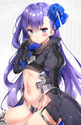 Rule 34 | &gt;:o, 10s, 1girl, :o, armor, armored boots, asymmetrical bangs, blue eyes, blue ribbon, blush, boots, crotch plate, fate/extra, fate/extra ccc, fate (series), flat chest, hair ribbon, hand up, juliet sleeves, long hair, long sleeves, looking at viewer, meltryllis (fate), navel, parted lips, puffy long sleeves, puffy sleeves, purple hair, revealing clothes, ribbon, riichu, sitting, solo, stomach, thighs, v-shaped eyebrows, very long hair