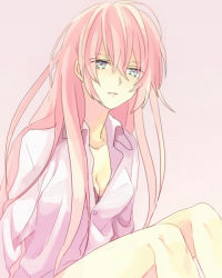 Rule 34 | 1girl, akiyoshi (tama-pete), alternate costume, arms at sides, bare legs, blue eyes, bra, breasts, expressionless, eyelashes, half-closed eyes, long hair, long sleeves, looking away, megurine luka, messy hair, multicolored eyes, pink background, pink eyes, pink hair, purple bra, purple eyes, see-through, shirt, simple background, sitting, solo, solo focus, thighs, underwear, upper body, vocaloid, white shirt, yellow eyes