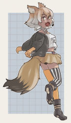 Rule 34 | 1girl, absurdres, animal ears, asymmetrical legwear, beige skirt, black footwear, black jacket, black thighhighs, blonde hair, boots, bow, bowtie, choker, commentary, coyote (kemono friends), dark-skinned female, dark skin, elbow gloves, extra ears, fang, gloves, highres, jacket, kemono friends, kemono friends v project, looking back, microphone, official alternate costume, open clothes, open jacket, open mouth, paw print soles, pleated skirt, shirt, short hair, short sleeves, skirt, solo, spaghetti strap, striped clothes, striped thighhighs, tail, thighhighs, toriny, vertical-striped clothes, vertical-striped thighhighs, virtual youtuber, white bow, white bowtie, white choker, white shirt, white thighhighs, wolf ears, wolf tail, yellow eyes, yellow gloves, yellow thighhighs, zettai ryouiki