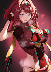 Rule 34 | 1girl, about fg, absurdres, black gloves, breasts, commentary request, covered erect nipples, cowboy shot, gloves, heart, highres, large breasts, medium breasts, open mouth, pink eyes, pyra (xenoblade), red hair, simple background, smile, solo, teeth, upper teeth only, xenoblade chronicles (series), xenoblade chronicles 2