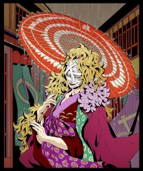 Rule 34 | 1boy, alternate costume, biliken, blonde hair, blue eyes, coat, eyelashes, feather boa, high ponytail, highres, holding, holding umbrella, japanese clothes, killer (one piece), kimono, lantern, long hair, long sleeves, looking at viewer, makeup, male focus, oil-paper umbrella, one piece, orange umbrella, paper lantern, patterned clothing, red coat, red kimono, road, signature, smile, solo, street, trap, umbrella, upper body, wide sleeves