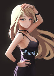 Rule 34 | 1girl, bare shoulders, black dress, blonde hair, blue eyes, blush, breasts, cleavage, dress, hand on own hip, hand up, highres, hololive, hololive english, large breasts, long hair, looking at viewer, medium breasts, mole, mole on breast, solo, tfqr, virtual youtuber, watson amelia, watson amelia (party dress)
