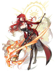 Rule 34 | 1girl, artist request, black dress, dress, eye symbol, fingerless gloves, fire, full body, gloves, high heels, holding, holding staff, hwa ryun, jacket, leaning forward, long hair, long sleeves, official art, parted lips, red eyes, red hair, red jacket, smoke, solo, staff, stiletto heels, teeth, thighhighs, tower of god
