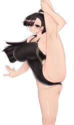 Rule 34 | 1girl, absurdres, asymmetrical bangs, berumina, breasts, brown eyes, brown hair, competition swimsuit, girls und panzer, highres, large breasts, long hair, looking at viewer, nishi kinuyo, one-piece swimsuit, ponytail, solo, split, standing, standing on one leg, standing split, swimsuit, white background