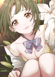 Rule 34 | 1girl, bow, bowtie, bra, breasts, brown eyes, cleavage, closed mouth, collarbone, flower, green hair, grey bow, grey bowtie, highres, idolmaster, idolmaster shiny colors, knees to chest, knees up, lily (flower), long sleeves, looking at viewer, maou (demonlord), medium breasts, nanakusa nichika, off shoulder, open clothes, pink lips, short hair, smile, solo, underwear, white flower, yellow bra