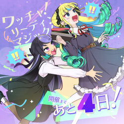 Rule 34 | !, !!, 2girls, belt, black dress, black hair, black hairband, black ribbon, blonde hair, blue dress, blue eyes, blunt bangs, blunt ends, book, book stack, braid, braided bun, brown belt, carron (waccha primagi!), collared dress, colored inner hair, commentary request, countdown, double bun, dress, drill hair, eyeshadow, facial mark, falling, frilled dress, frills, gradient hair, green hair, hair bun, hair ribbon, hairband, holding, holding book, kokoa remon, kokoa remon (primagista), long hair, long sleeves, looking at another, makeup, multicolored hair, multiple girls, neck ribbon, open mouth, oshiri (o4ritarou), outstretched arms, pantyhose, pretty series, purple background, purple eyes, purple hair, red eyeshadow, red ribbon, ribbon, shirt, sidelocks, spoken exclamation mark, surprised, sweatdrop, very long hair, waccha primagi!, wavy mouth, white pantyhose, white shirt