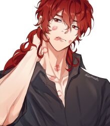 Rule 34 | 1boy, artist name, asterrales, black shirt, closed mouth, collarbone, collared shirt, diluc (genshin impact), genshin impact, hair between eyes, hand up, highres, lipstick mark, long hair, long sleeves, looking to the side, male focus, ponytail, red eyes, red hair, shirt, simple background, solo, upper body, white background