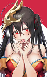 Rule 34 | 1girl, ahoge, asagi yuna, azur lane, bare shoulders, black hair, blush, bow, breasts, cleavage, collarbone, hair between eyes, hair bow, hands up, highres, japanese clothes, kimono, large breasts, long hair, looking at viewer, mask, mask on head, off shoulder, open mouth, red eyes, red kimono, solo, striped, striped bow, suggestive fluid, taihou (azur lane), tongue, tongue out, twintails, two-tone background, upper body