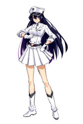 1girl absurdres aill09 bambietta_basterbine belt black_hair bleach bleach:_sennen_kessen-hen boots breasts gloves hand_on_own_hip hat high_heel_boots high_heels highres long_hair looking_at_viewer medium_breasts quincy_(bleach) simple_background skirt sternritter white_background white_gloves white_skirt