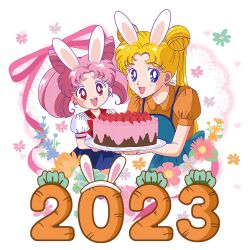 Rule 34 | 2girls, bishoujo senshi sailor moon, cake, chibi usa, food, happy new year, highres, multiple girls, new year, open mouth, rabbit ears, tsukino usagi