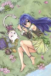 Rule 34 | 1girl, absurdres, animal, blue hair, book, brown eyes, cat, charle (fairy tail), dress, fairy tail, falling petals, feet, flower, food, fruit, grass, highres, long hair, looking at viewer, lying, map, mashima hiro, official art, on grass, petals, pink flower, water, wendy marvell