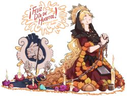 Rule 34 | 1girl, alternate costume, bread, calavera, candle, chain, commentary request, crack, crescent, cross, cuffs, dia de muertos, dress, earrings, fire, flower, food, headdress, jewelry, junko (touhou), kneeling, long hair, looking up, marigold, mefomefo, necklace, open mouth, own hands clasped, own hands together, picture frame, pitcher (container), praying, puddle, rabbit, red dress, red eyes, ring, rosary, sash, saucer, shackles, shawl, shield, simple background, skeletal arm, skeletal hand, skull, solo, spanish commentary, tears, text focus, touhou, very long hair, white background